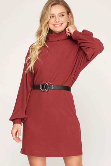 RED BEAN BRUSHED KNIT TURTLENECK MINI DRESS