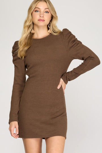 MOCHA LONG SHIRRED SLEEVES HEAVY KNIT MINI DRESS