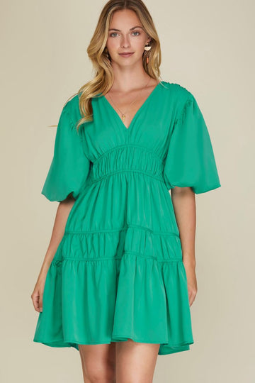 JADE BALLOON SLEEVES TIERED WOVEN MINI DRESS