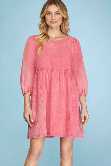 PINK 3/4 SLEEVES WASH TWILL BABYDOLL MINI DRESS
