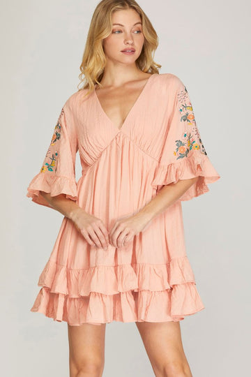 LT. ROSE FLORAL EMBROIDERY SLEEVES BABYDOLL MINI DRESS