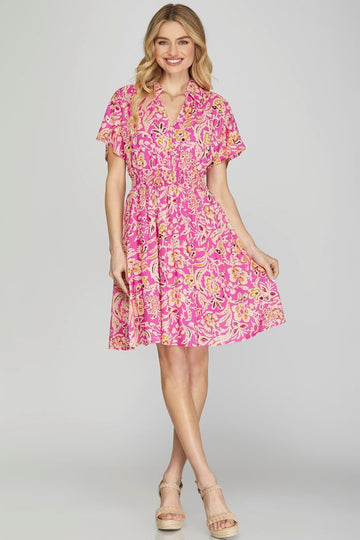 HOT PINK COLLARED DROP SHOULDER WOVEN MINI DRESS
