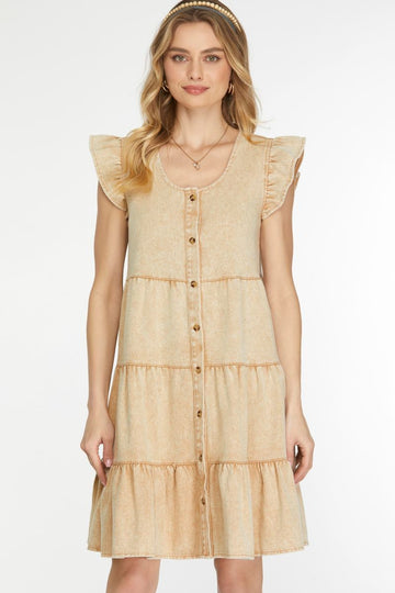 TAUPE RUFFLED SLEEVES TIERED BUTTON DOWN TWILL MINI DRESS