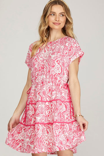 PINK FLORAL DROP SHOULDER WOVEN MINI DRESS