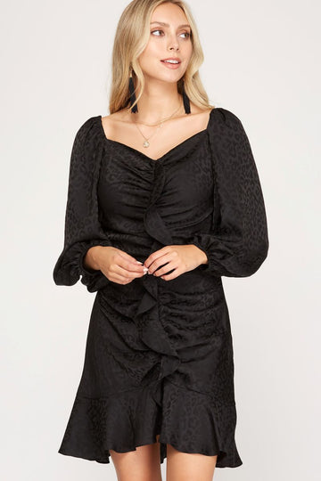 BLACK 3/4 SLEEVES JACQUARD SARUN RUFFLED MINI DRESS