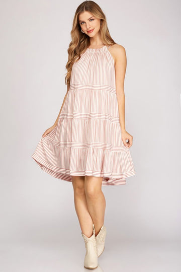 ROSE STRIPPED SLEEVELESS HALTER NECK MINI DRESS
