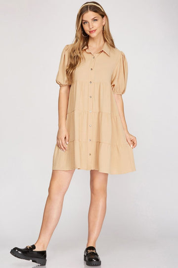 TAUPE SHORT PUFF SLEEVES TIERED SHIRT MINI DRESS