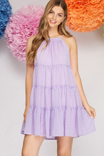 LILAC SLEEVELESS SWISSDOT TIERED WOVEN MINI DRESS