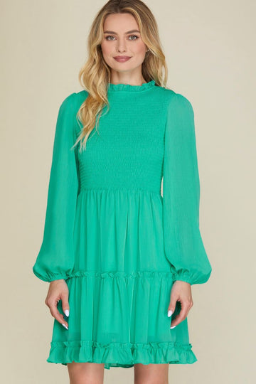 JADE SMOKED TIERED LONG SLEEVES MINI DRESS