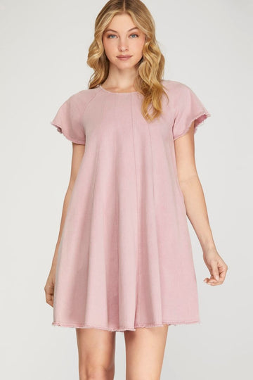 PINK SHORT SLEEVES WASH WOVEN MINI DRESS