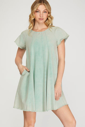 SEAFOAM SHORT SLEEVES WASH WOVEN MINI DRESS