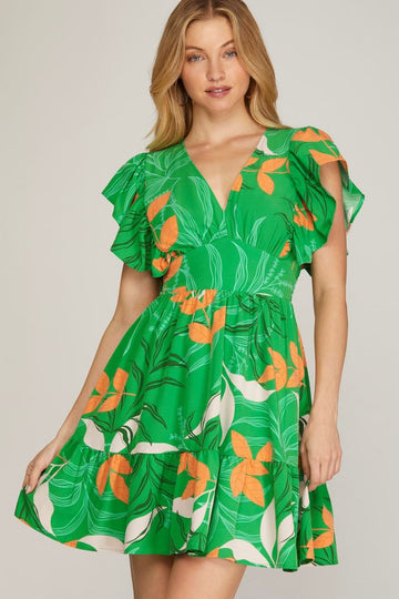 GREEN TIERED RUFFLED SLEEVES SMOCKED WAIST WOVEN MINI DRESS