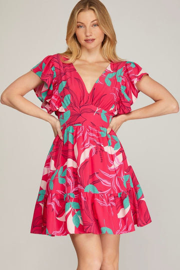 FUCHSIA TIERED RUFFLED SLEEVES SMOCKED WAIST WOVEN MINI DRESS