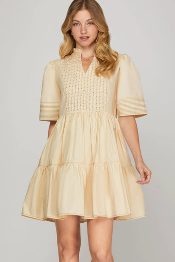 ECRU SMOCKED TOP TIERED POPLIN DRESS
