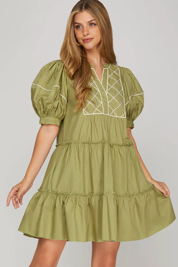 SAGE 1/2 SLEEVE EMBROIDERED TIERED WOVEN MINI DRESS