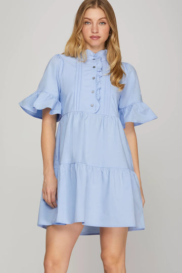 BLUE BELL SLEEVE RUFFLE NECK BUTTON DOWN MINI DRESS