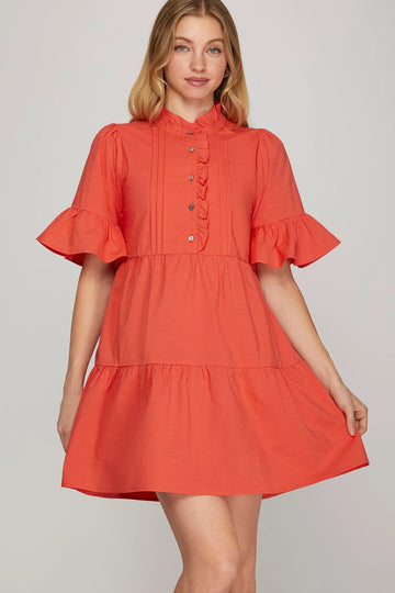 TOMATO BELL SLEEVE RUFFLE NECK BUTTON DOWN MINI DRESS