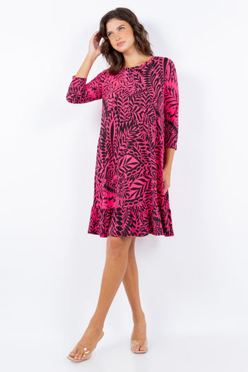 PINK TROPICAL PRINT BABYDOLL DRESS WITH SIDE POCKETS