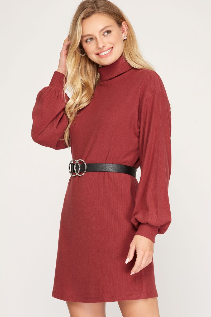 RED BEAN BRUSHED KNIT TURTLENECK MINI DRESS