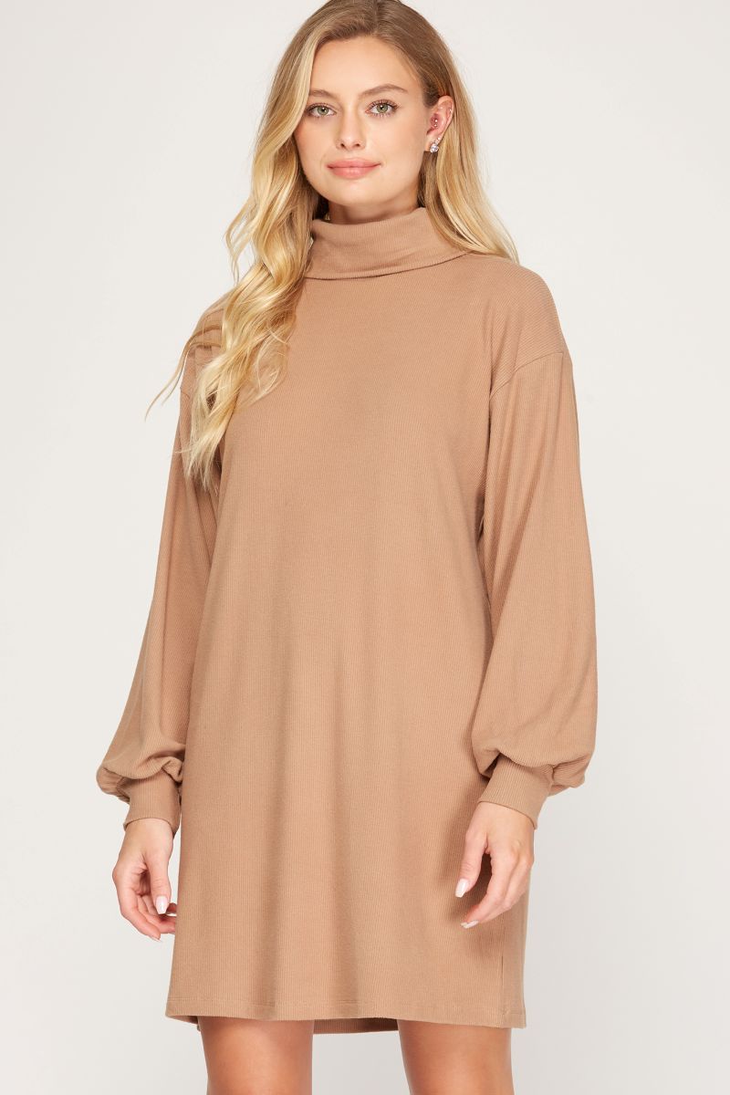 TAUPE BRUSHED KNIT TURTLENECK MINI DRESS