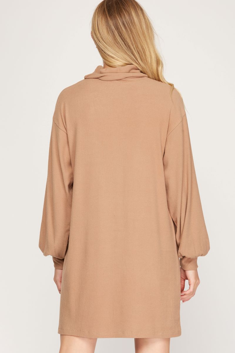 TAUPE BRUSHED KNIT TURTLENECK MINI DRESS