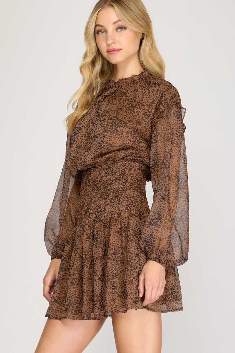 MOCHA RUFFLED DROP SHOULDER SMOCKED SKIRT MINI DRESS