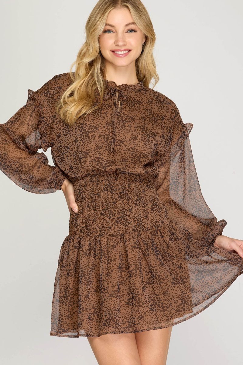 MOCHA RUFFLED DROP SHOULDER SMOCKED SKIRT MINI DRESS