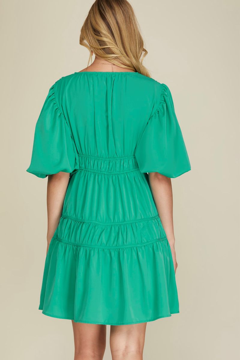 JADE BALLOON SLEEVES TIERED WOVEN MINI DRESS