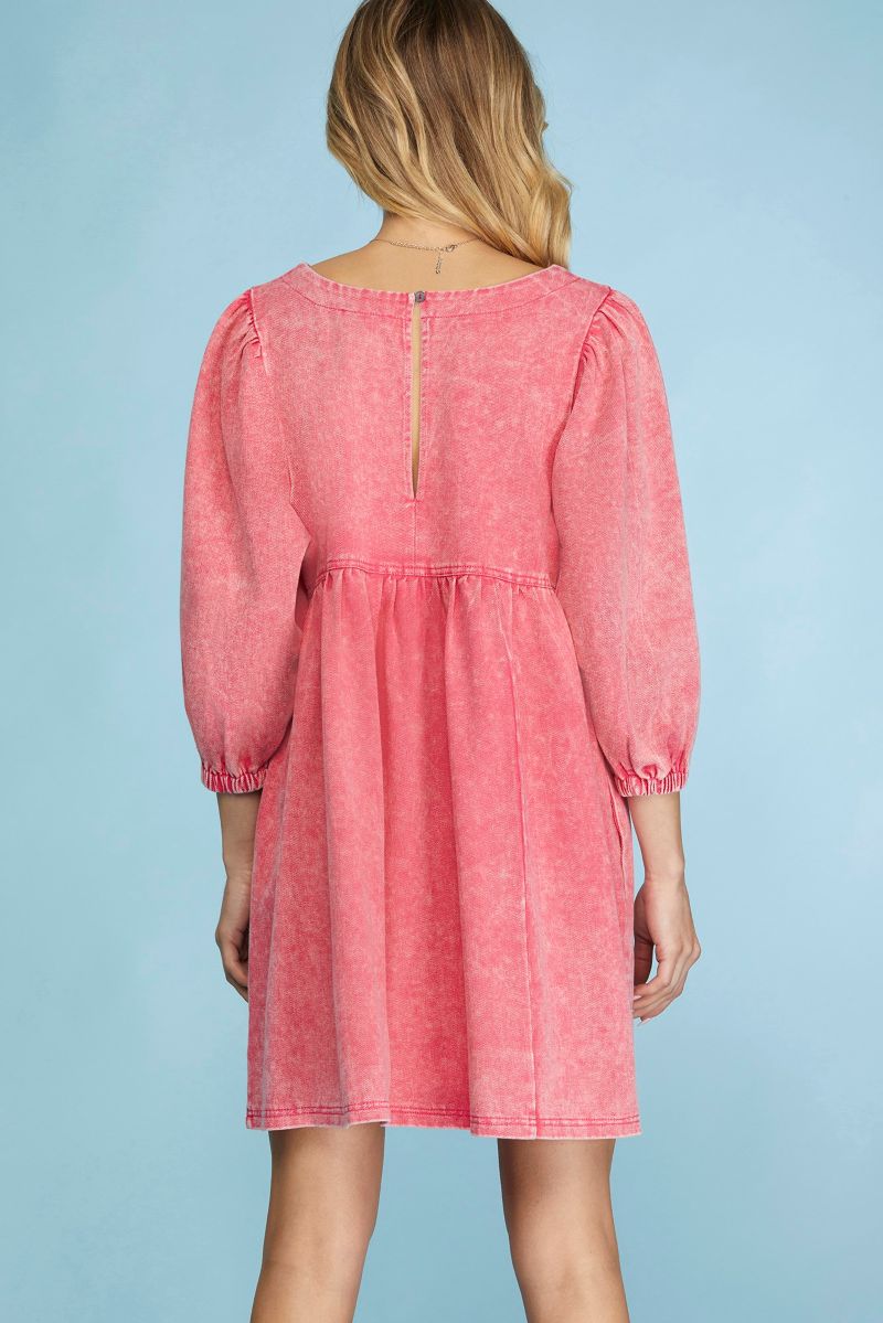PINK 3/4 SLEEVES WASH TWILL BABYDOLL MINI DRESS