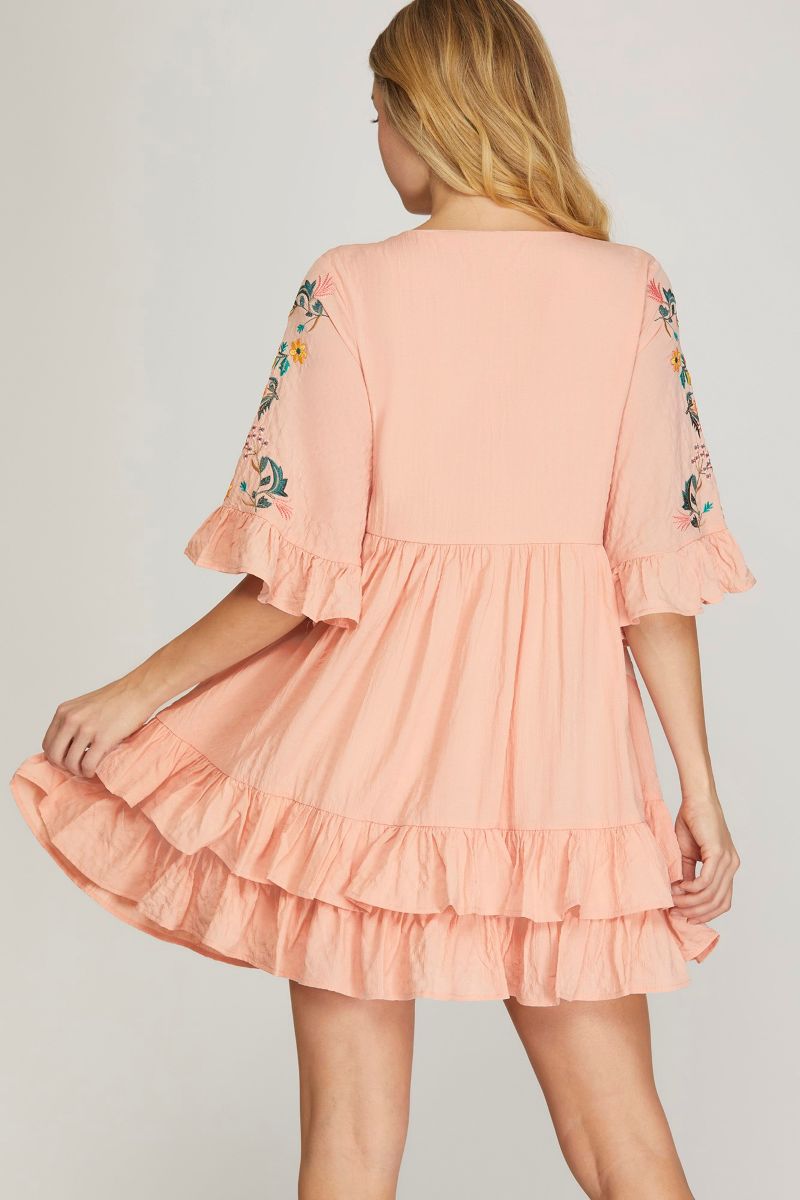 LT. ROSE FLORAL EMBROIDERY SLEEVES BABYDOLL MINI DRESS