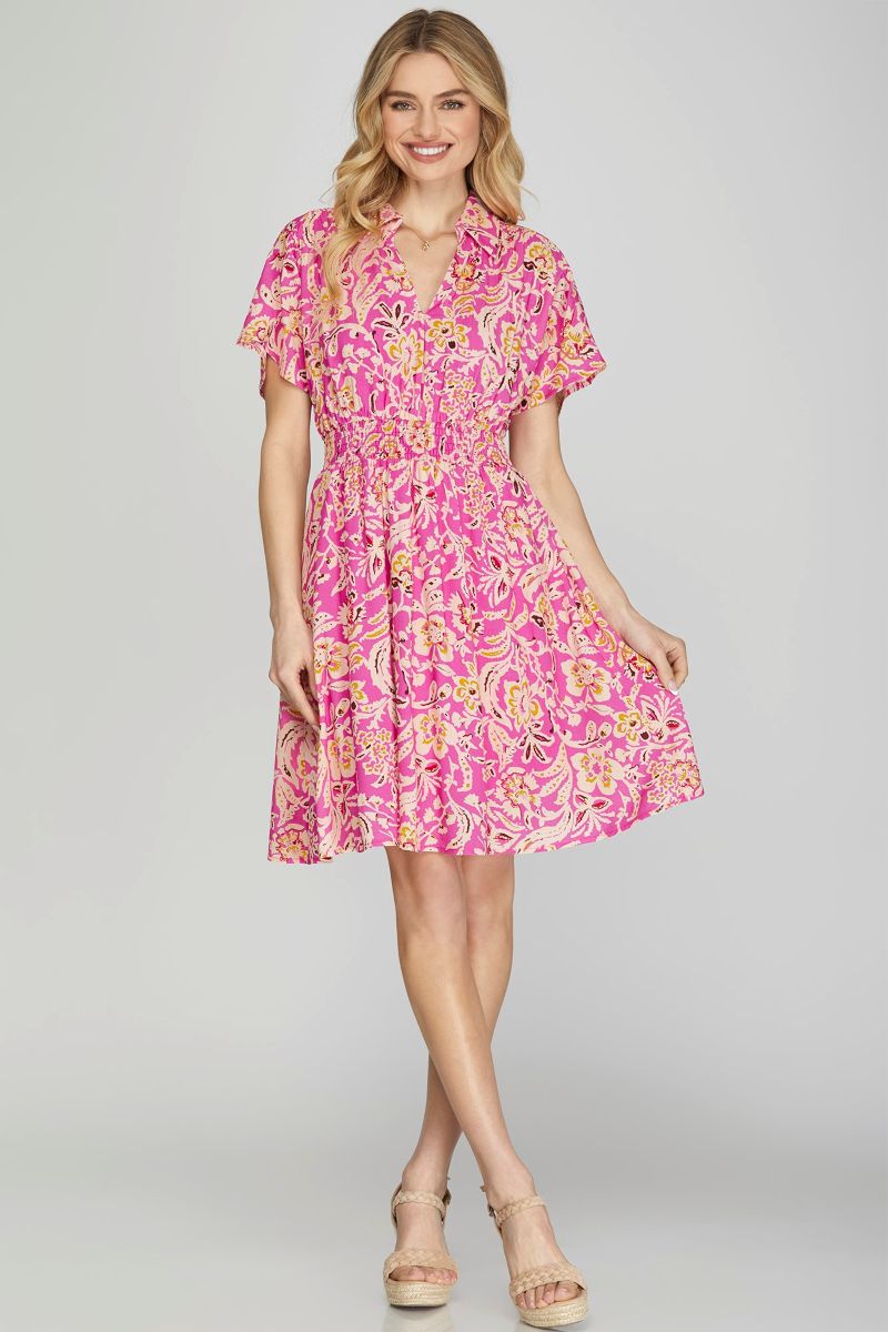 HOT PINK COLLARED DROP SHOULDER WOVEN MINI DRESS