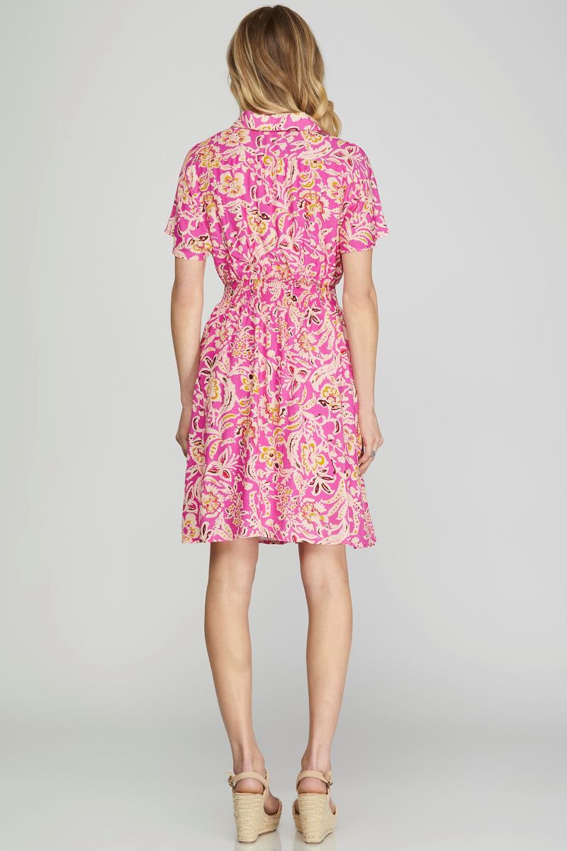 HOT PINK COLLARED DROP SHOULDER WOVEN MINI DRESS