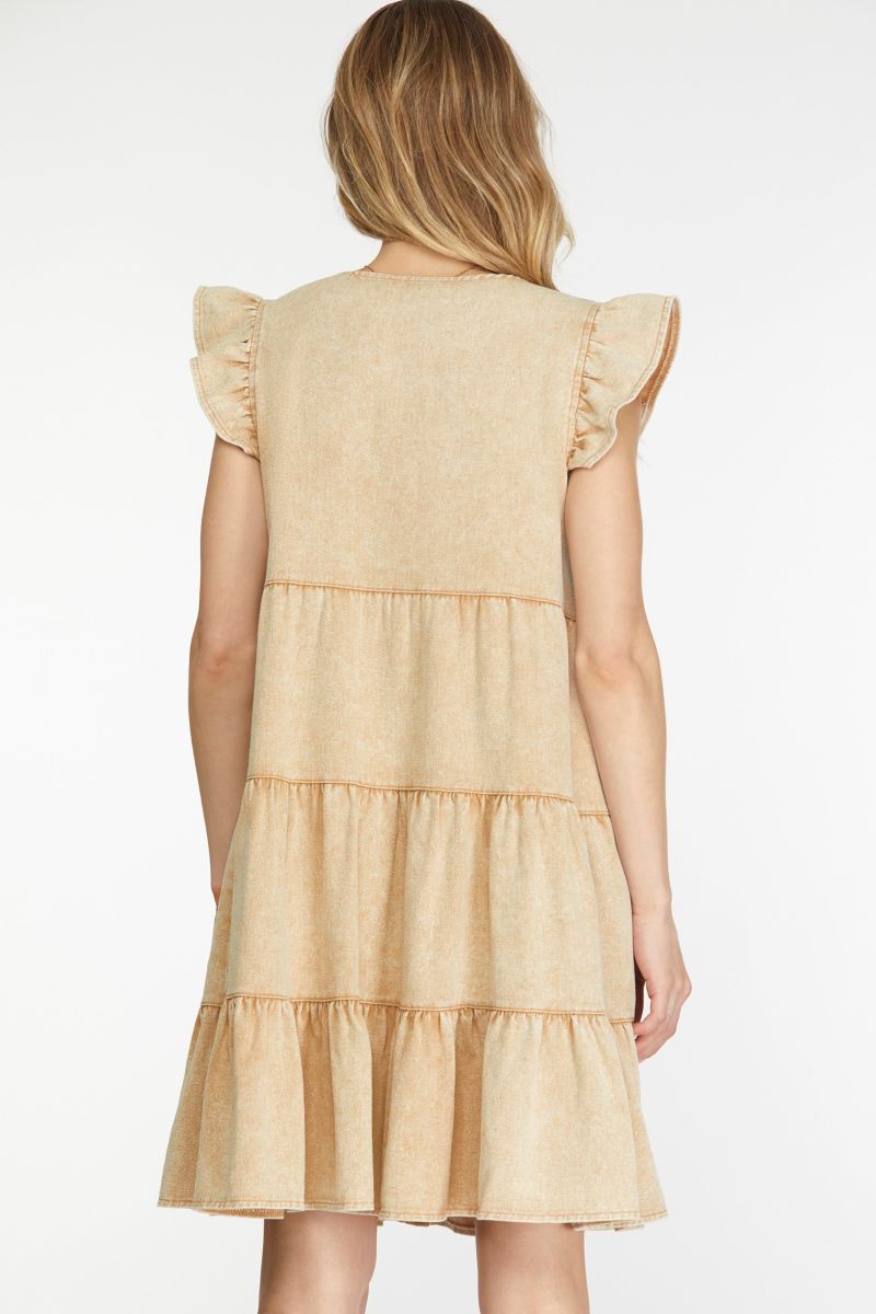TAUPE RUFFLED SLEEVES TIERED BUTTON DOWN TWILL MINI DRESS