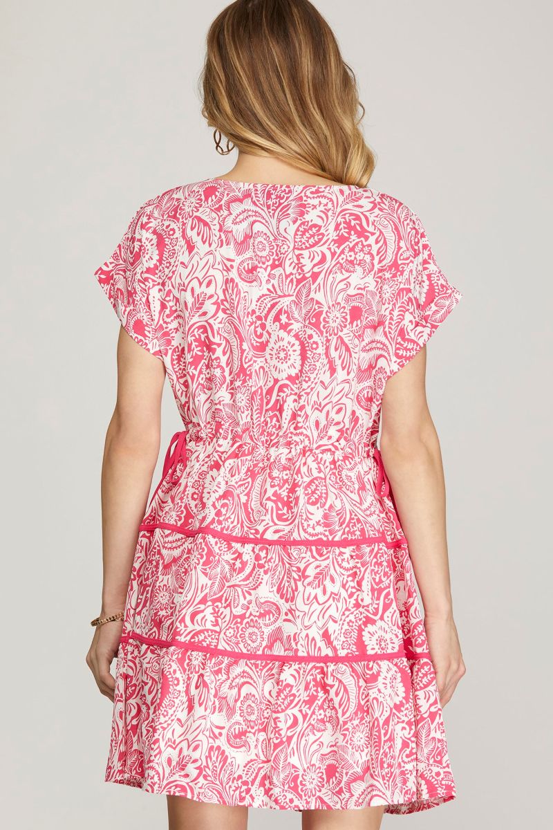 PINK FLORAL DROP SHOULDER WOVEN MINI DRESS