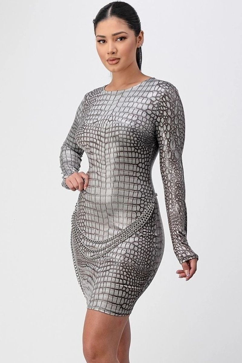 GREY ANIMAL PRINT KEY-HOLE BACK CLOSURE LONG SLEEVES MNI DRESS
