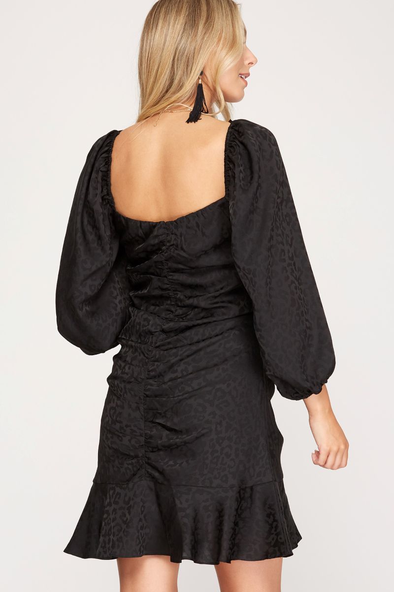 BLACK 3/4 SLEEVES JACQUARD SARUN RUFFLED MINI DRESS