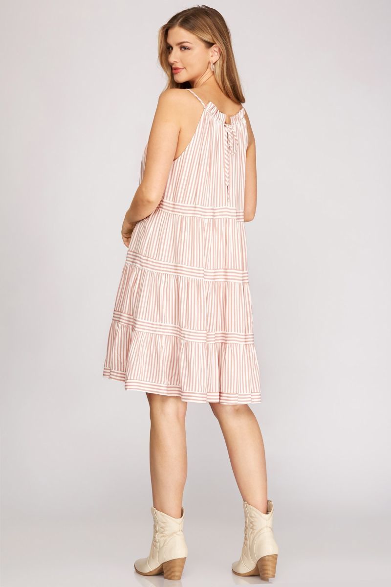 ROSE STRIPPED SLEEVELESS HALTER NECK MINI DRESS