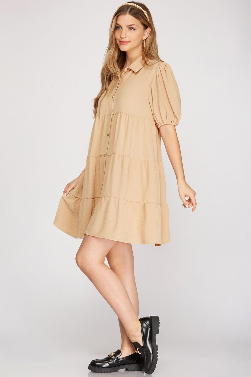 TAUPE SHORT PUFF SLEEVES TIERED SHIRT MINI DRESS