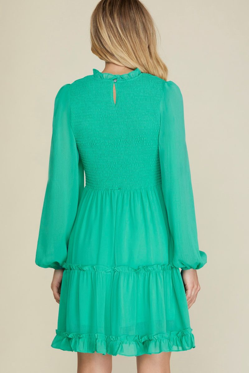 JADE SMOKED TIERED LONG SLEEVES MINI DRESS