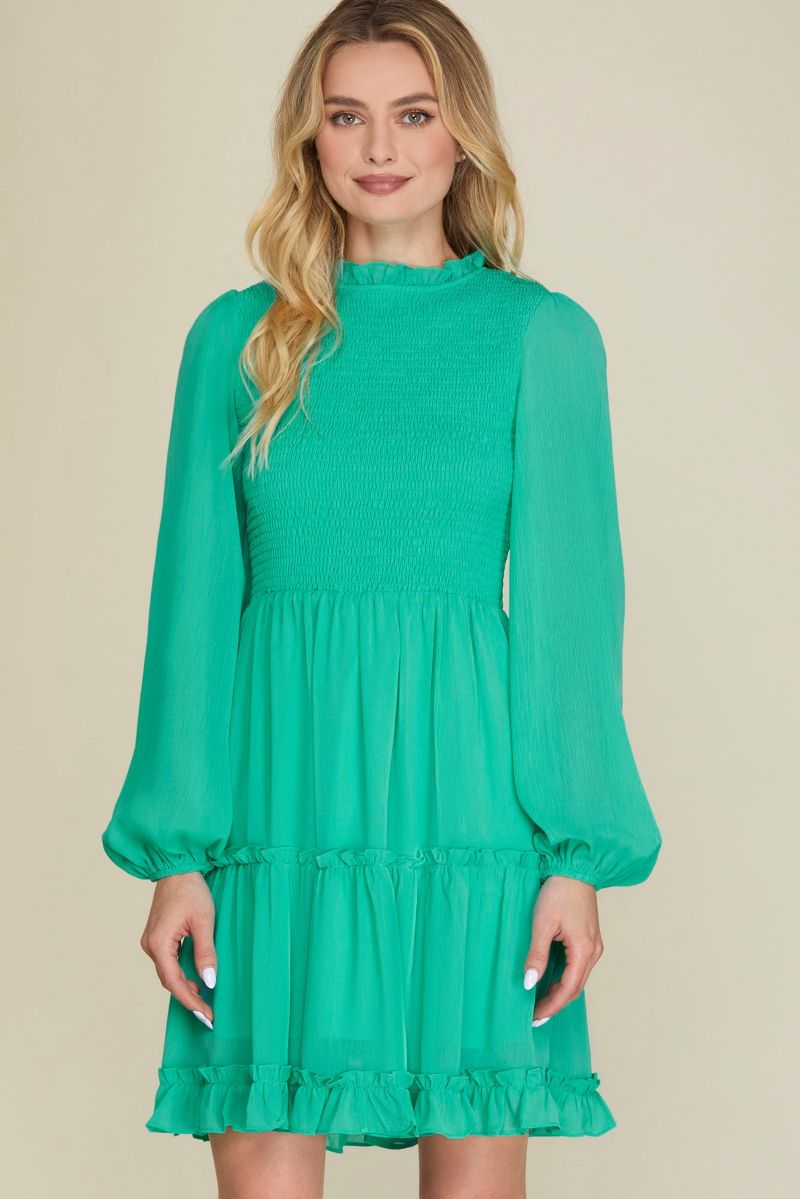 JADE SMOKED TIERED LONG SLEEVES MINI DRESS