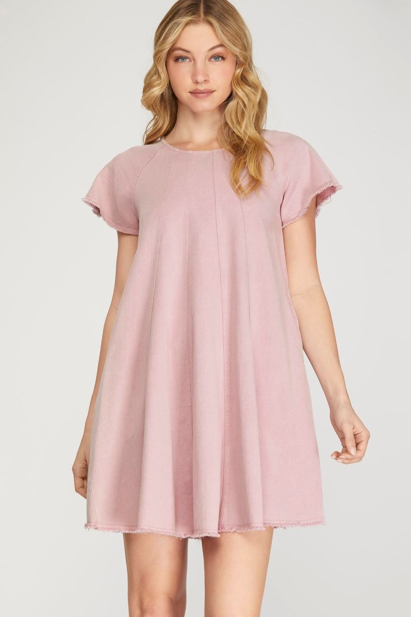 PINK SHORT SLEEVES WASH WOVEN MINI DRESS