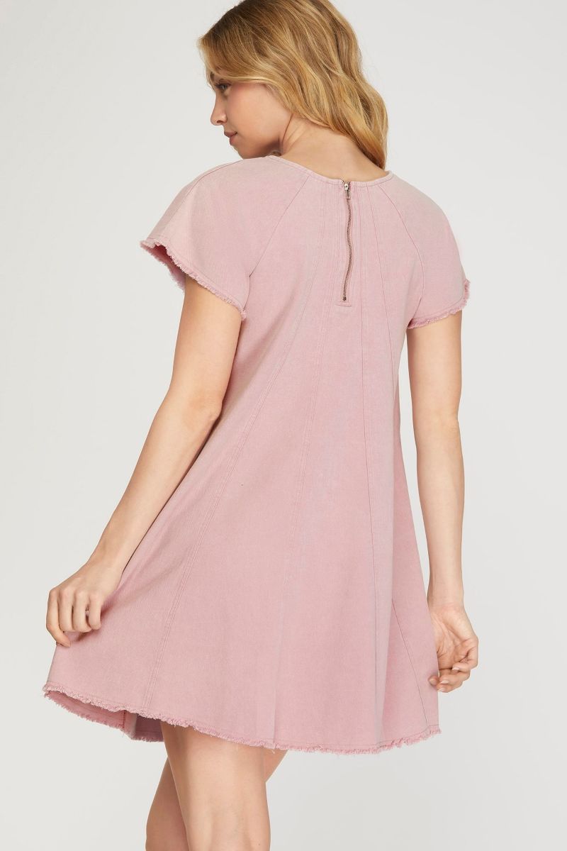 PINK SHORT SLEEVES WASH WOVEN MINI DRESS