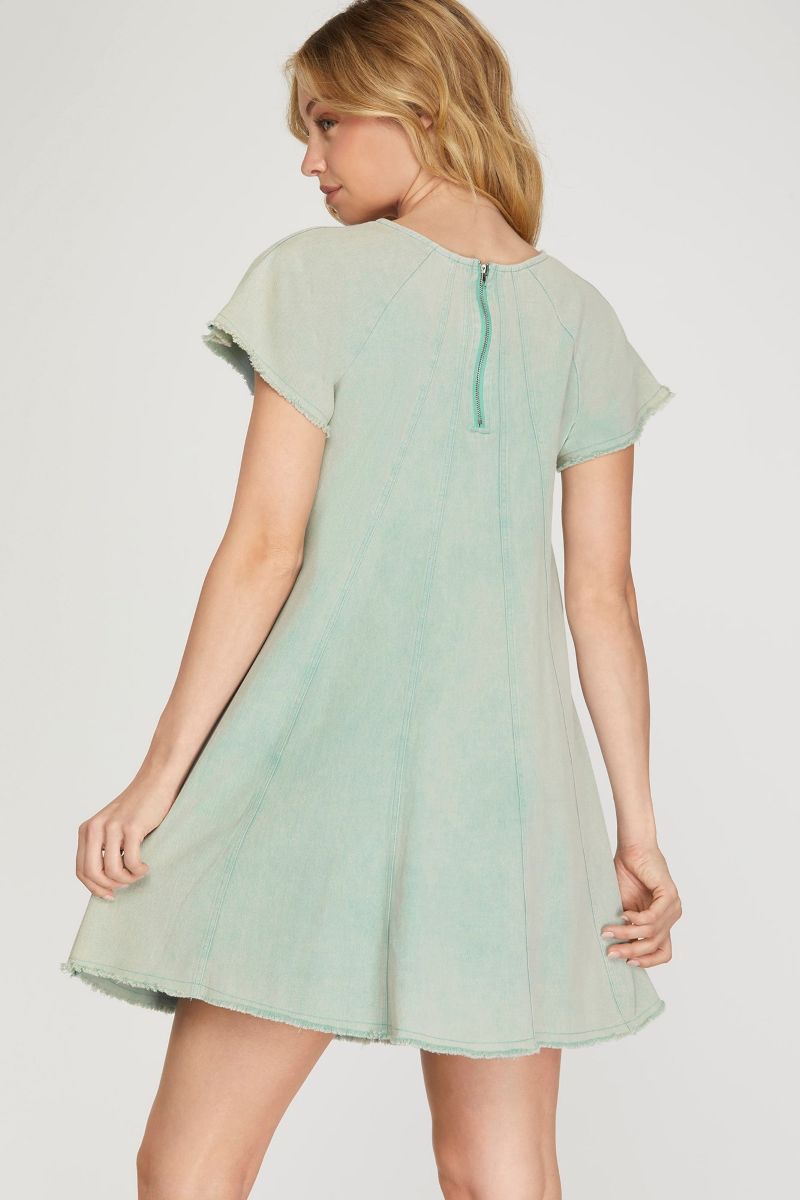 SEAFOAM SHORT SLEEVES WASH WOVEN MINI DRESS