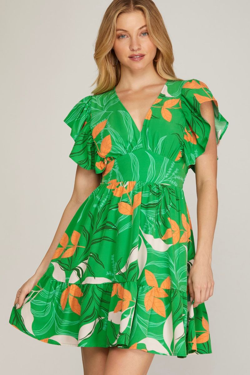 GREEN TIERED RUFFLED SLEEVES SMOCKED WAIST WOVEN MINI DRESS