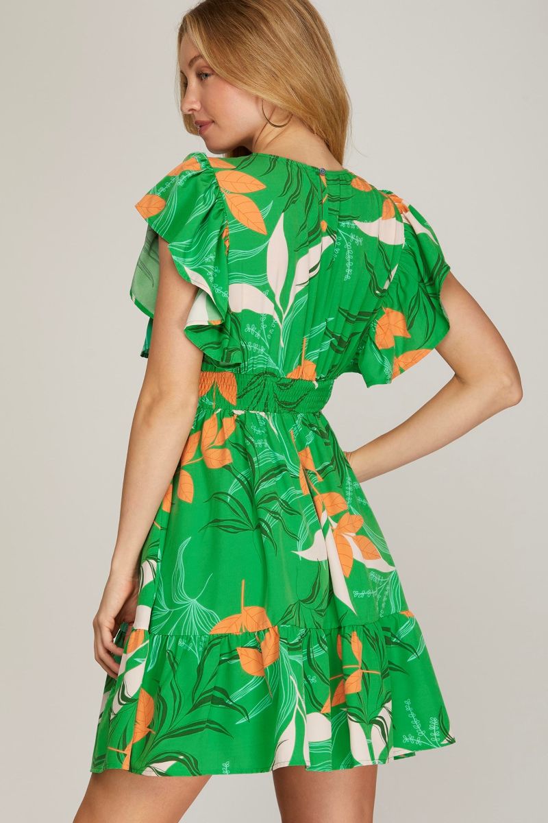 GREEN TIERED RUFFLED SLEEVES SMOCKED WAIST WOVEN MINI DRESS