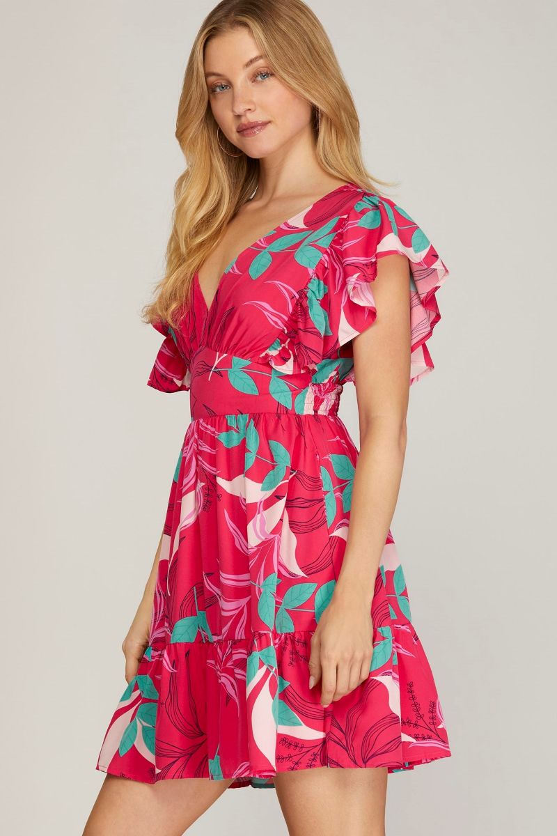 FUCHSIA TIERED RUFFLED SLEEVES SMOCKED WAIST WOVEN MINI DRESS