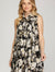 BLACK SLEEVELESS BUTTON UP WOVEN LEAF PRINT TIERED DRESS