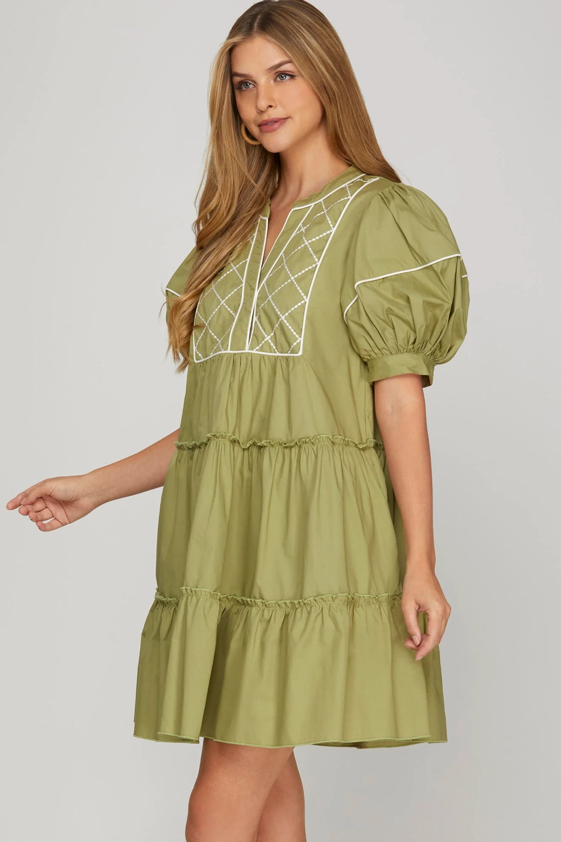 SAGE 1/2 SLEEVE EMBROIDERED TIERED WOVEN MINI DRESS