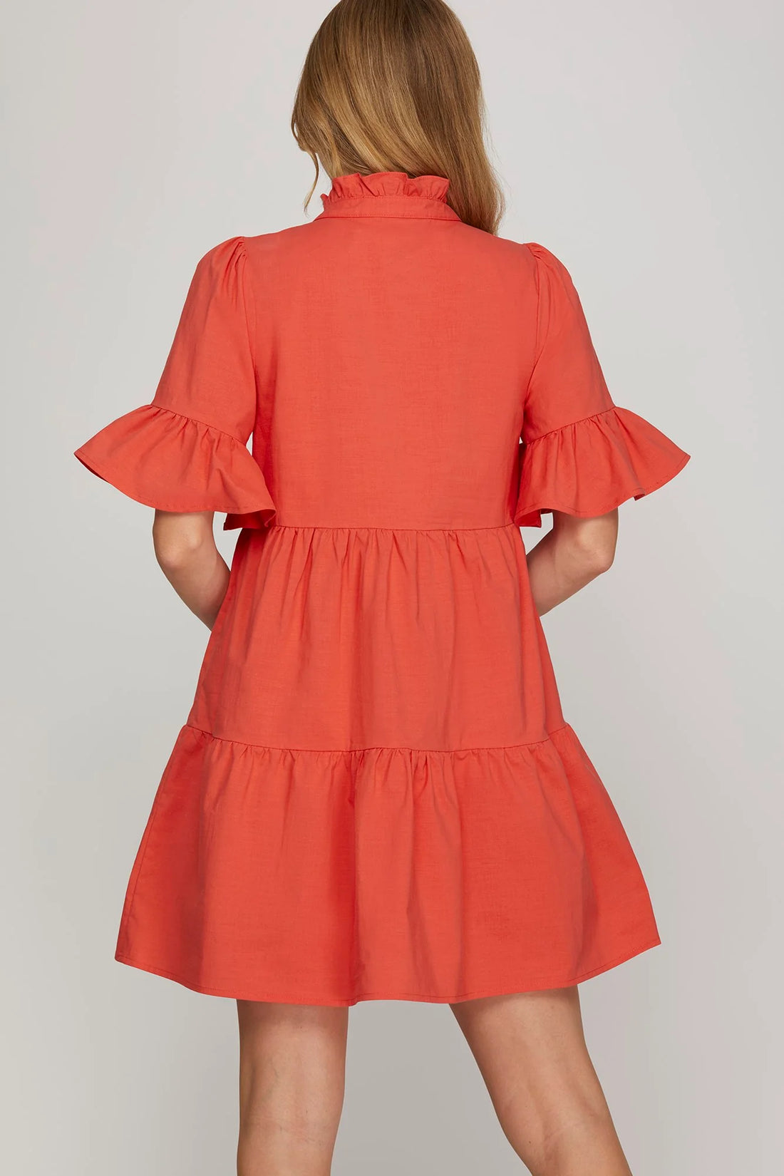 TOMATO BELL SLEEVE RUFFLE NECK BUTTON DOWN MINI DRESS